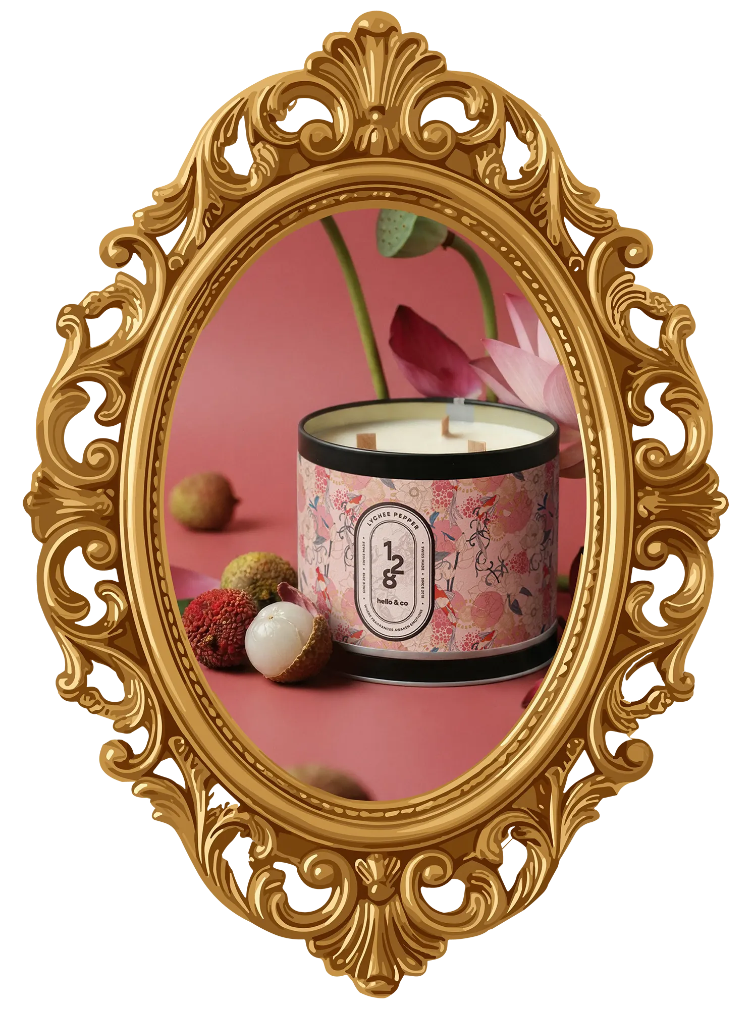 Bougie parfumée Lychee Pepper 128 au litchi poivré, trois mèches en bois