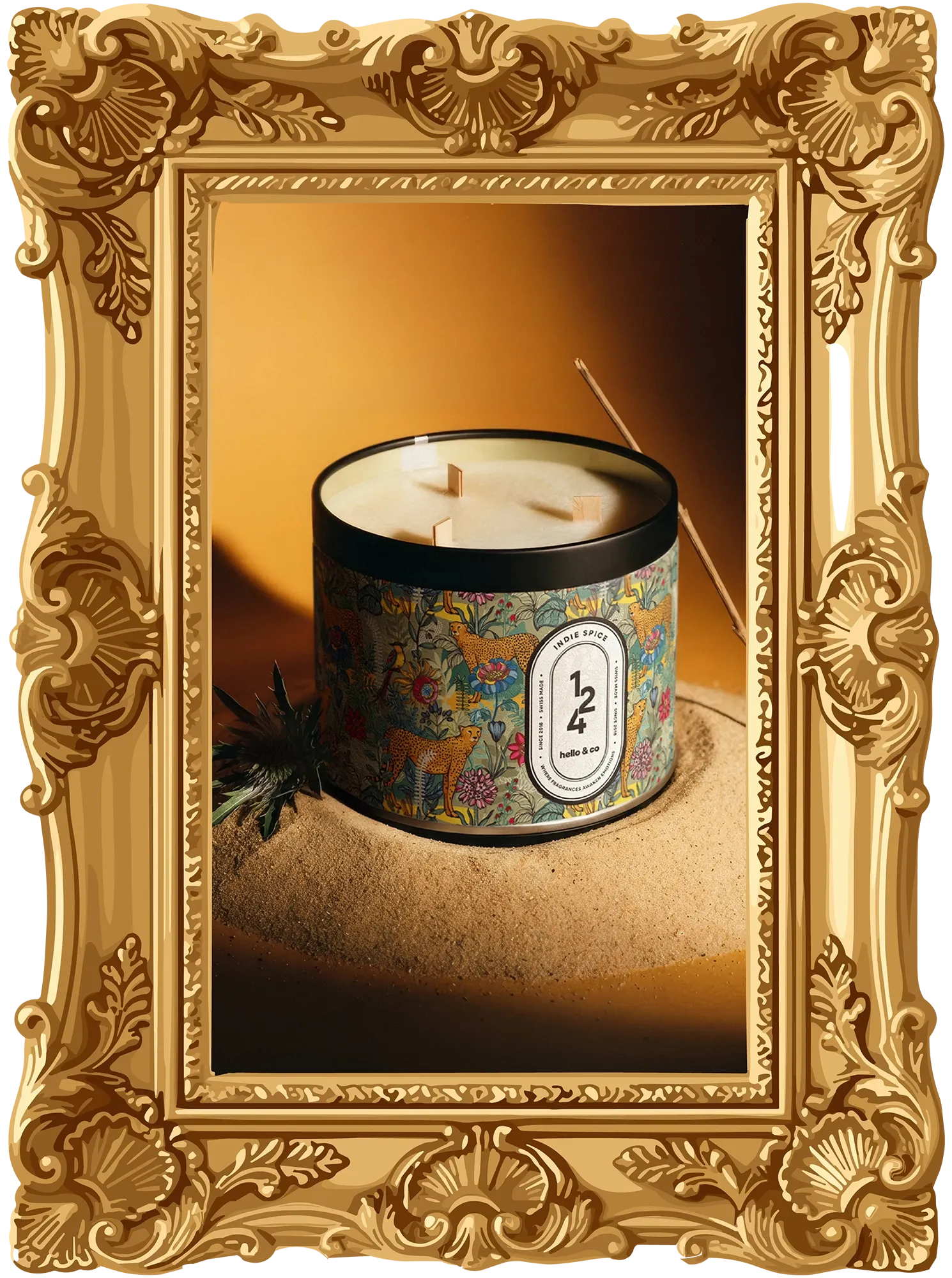 Bougie parfumée Indie Spice 124 au patchouli poivré, trois mèches en bois